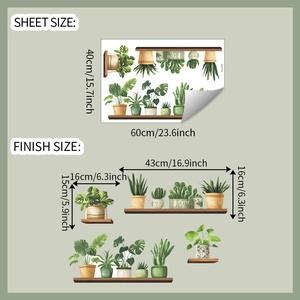 Detail view of green potted plant wall stickers with sheet and finish size dimensions
