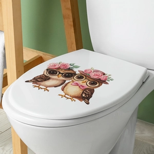 Cartoon owl couple sticker for toilet lid with pink flowers and decorative art