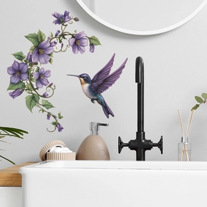 Modern wall sticker set featuring purple hummingbirds and morning glory flower vines