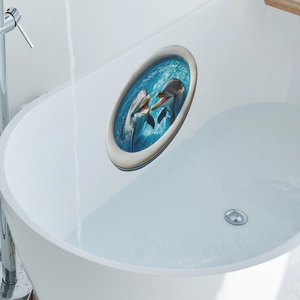3D oval ocean wall decal featuring two playful dolphins for bathroom home decoration