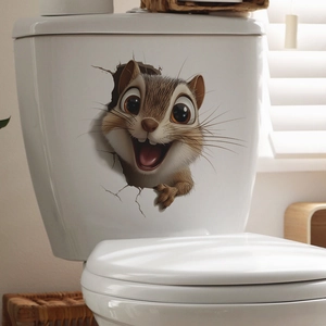 3D cartoon squirrel wall sticker with realistic wall crack effect for bathroom decoration