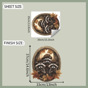 Detail of cartoon raccoon wall sticker showing original sheet and finished dimensions