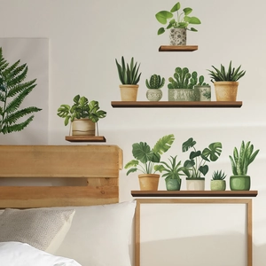 Self-adhesive wall stickers with realistic green potted plants and wooden shelf design