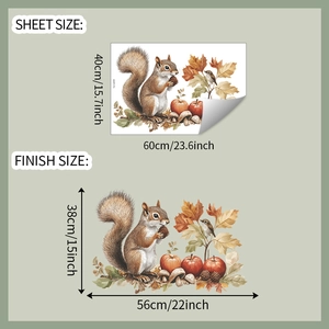 Detailed sheet and finish dimensions for autumn squirrel and apple window decals