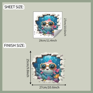 Detail showing 3D cartoon pufferfish toilet sticker layout and finished size dimensions