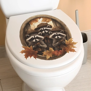 Cute raccoon and autumn maple leaf toilet lid sticker decor for bathroom home enhancement