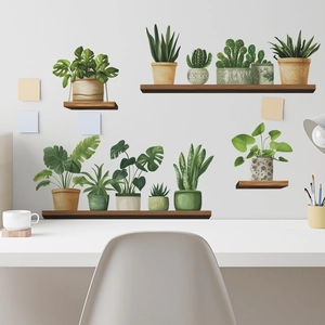 Fresh green potted plant wall stickers with wooden shelf design for home background decor
