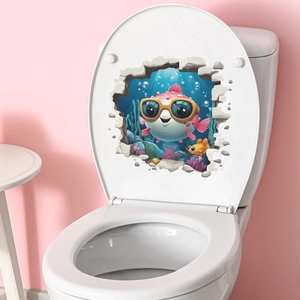 3D cartoon pink pufferfish ocean wall sticker applied to a white toilet lid cover