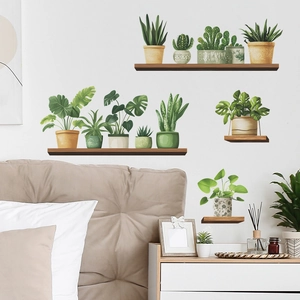 Minimalist green potted plants wall stickers on wooden shelves for home decoration
