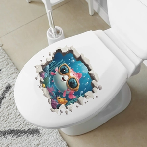 3D cartoon puffer fish sticker with ocean scene breaking through a white toilet lid