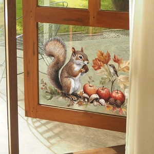 Cartoon squirrel and autumn leaves window sticker for home glass decoration