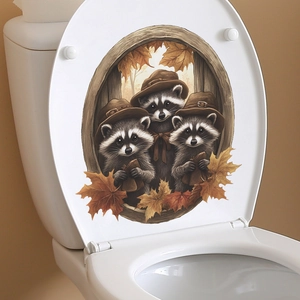 Cartoon raccoon and pumpkin maple leaf toilet lid sticker for autumn bathroom decor