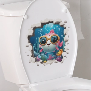 Macro detail of 3D underwater puffer fish sticker applied on a white toilet lid