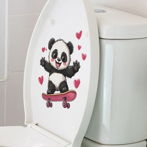 Cartoon panda on pink skateboard toilet sticker with heart patterns for bathroom decor