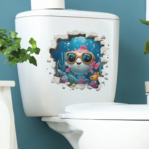 Detailed 3D wall-breaker sticker featuring a cartoon pufferfish for bathroom toilet decor