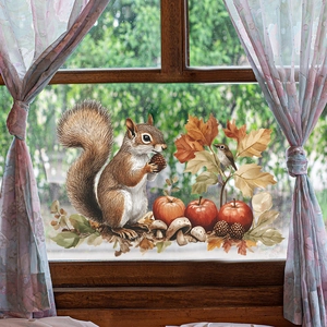 Autumn window sticker featuring a cute squirrel, bird, and maple leaves on glass