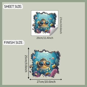 Detailed sheet dimensions of 3D cartoon puffer fish wall sticker with size specifications