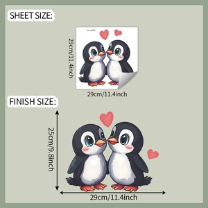 Detailed dimension guide for penguin and heart wall stickers showing 29x29cm layout