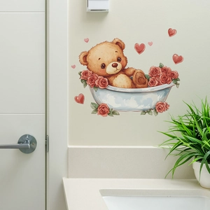Cartoon bear in bathtub wall sticker with red roses for bathroom home decoration