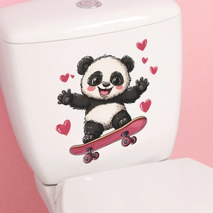 Cartoon panda skateboarding on a toilet tank sticker with heart patterns for bathroom decor