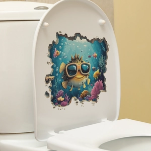 Detail of 3D underwater world toilet sticker showing cute yellow puffer fish and coral