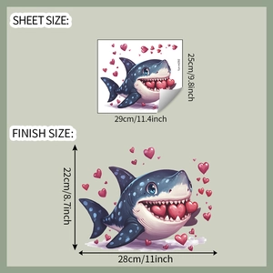 Detail of cartoon shark wall sticker showing sheet and finish dimensions for bathroom decor