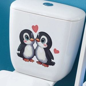 Cute cartoon penguins with red hearts bathroom toilet sticker on white tank surface