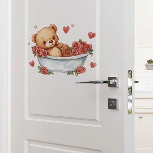 Watercolor teddy bear in bathtub wall decal for bathroom decoration and home wall styling