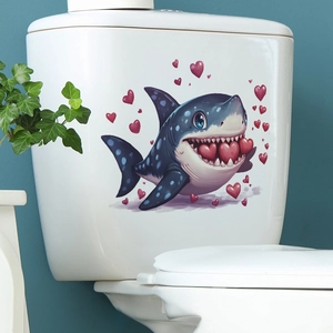 Cartoon blue shark toilet sticker with red hearts for Valentine's Day bathroom decor