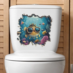 3D ocean toilet sticker featuring a cute pufferfish with sunglasses and tropical coral reef