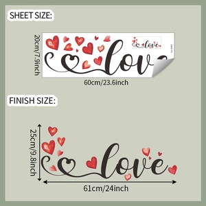 Love heart wall sticker dimensions guide showing sheet and finish sizes for home decor