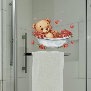 Cute teddy bear in bathtub with roses wall decal on bathroom glass door surface