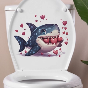 Cartoon Shark Holding Red Heart Toilet Sticker PVC Waterproof Decorative Wall Decal For Bathroom Home Valentine Day Decor
