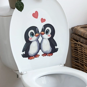 Cute cartoon penguin toilet seat decal with red hearts for bathroom home decor