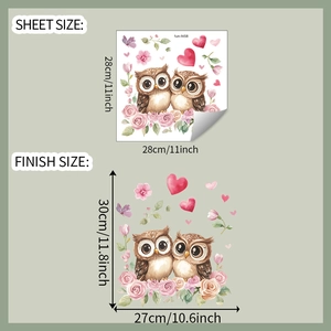 Detailed sheet size and finish size guide for cartoon owl heart glass window decals