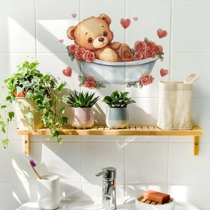 Watercolour teddy bear in bathtub with roses wall decal on white tiled bathroom wall