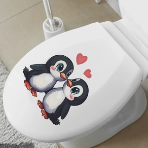 Cute cartoon penguins with red hearts toilet seat lid decorative waterproof sticker