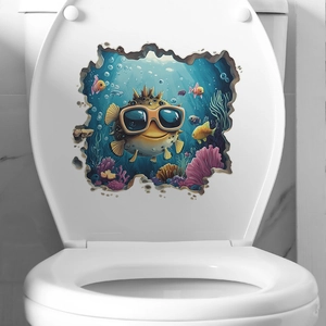 3D ocean world toilet lid sticker with cartoon puffer fish and coral reef decoration