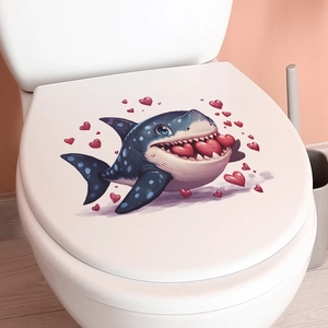 Cute cartoon blue shark and red hearts decorative toilet seat sticker in modern bathroom
