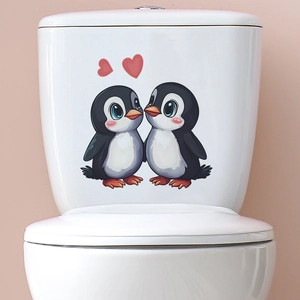 Cute Cartoon Penguin Heart Toilet Sticker For Bathroom Home Decor Waterproof PVC DIY Removable Valentine Wall Art Decal