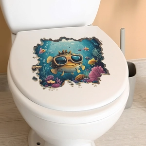 3D cartoon ocean pufferfish sticker with coral detail on white toilet lid