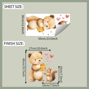 Detail showing sheet size and finish size for bear and squirrel cartoon wall stickers
