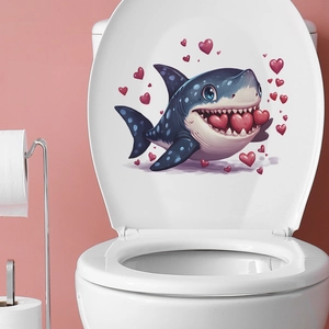 Cartoon shark with red hearts toilet seat sticker for bathroom decoration