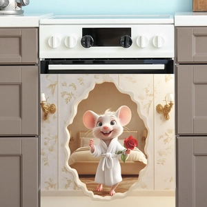 3D cute white mouse holding a red rose decorative wall sticker for kitchen appliances
