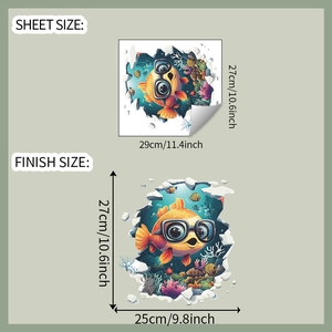 Cartoon fish toilet sticker size guide showing sheet size and 3D coral finish dimensions