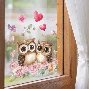Watercolor owl couple window stickers with pink roses and hearts for home decor