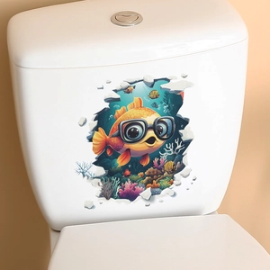 3D ocean world sticker detail with cute goldfish breaking through bathroom toilet lid