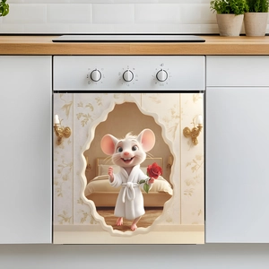 3D cartoon mouse with rose wall sticker for dishwasher and kitchen decoration
