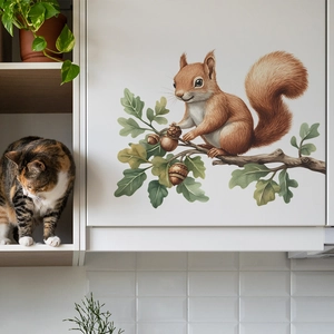 Squirrel on oak branch wall sticker for kitchen cabinets and home interior decoration
