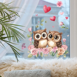 Charming watercolor owl couple window sticker with pink roses and red hearts for home decor